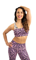 Load image into Gallery viewer, Asym Crossback Bra // Pink + Purple Cheetah x Ink Splash
