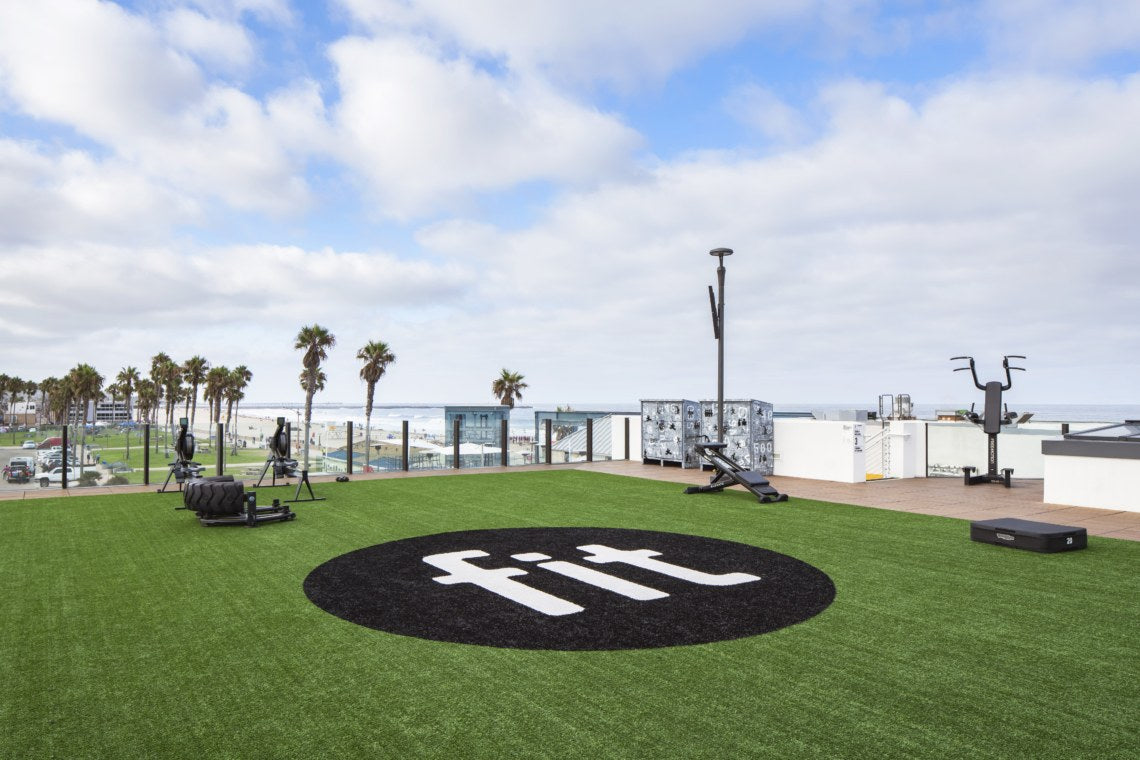 The outdoor terrace at FIT Mission Beach overlooking the Pacific